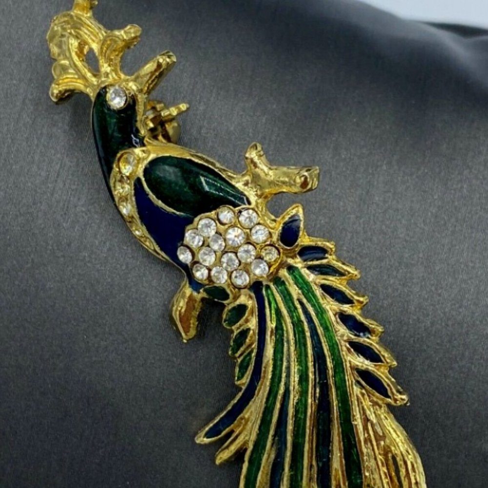 Vintage Blue & Green Brooch Pin Bird Rhinestone